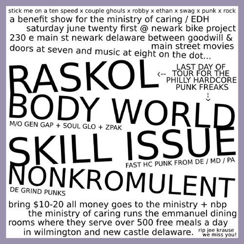 Emmanuel Dining Room Benefit ft. RASKOL + BODY WORLD + SKILL ISSUE + NONKROMULENT @ Newark Bike Project