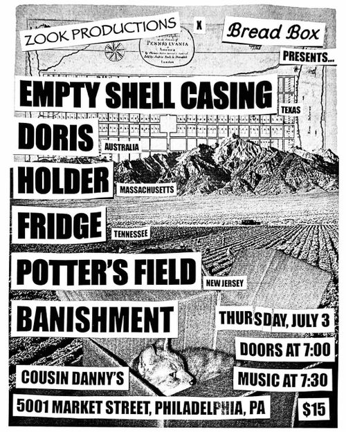 EMPTY SHELL CASING(TX), DORIS(AUS), HOLDER(MA), FRIDGE(TN), POTTER'S FIELD(NJ), BANISHMENT