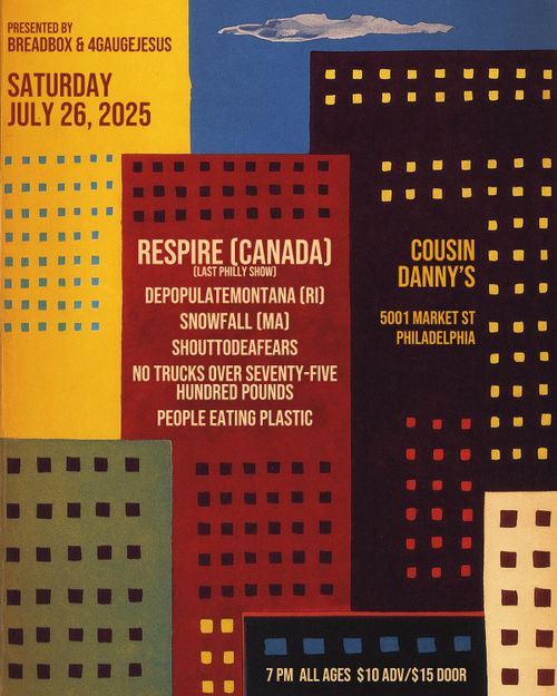 RESPIRE(CAN), DEPOPULATEMONTANA(RI), SNOWFALL(MA), PEOPLE EATING PLASTIC, NO TRUCKS OVER SEVENTY-FIVE HUNDRED POUNDS, SHOUTTODEAFEARS